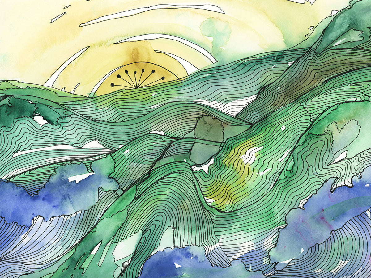 A yellow and green landscape illustration print by Melissa Kircher.