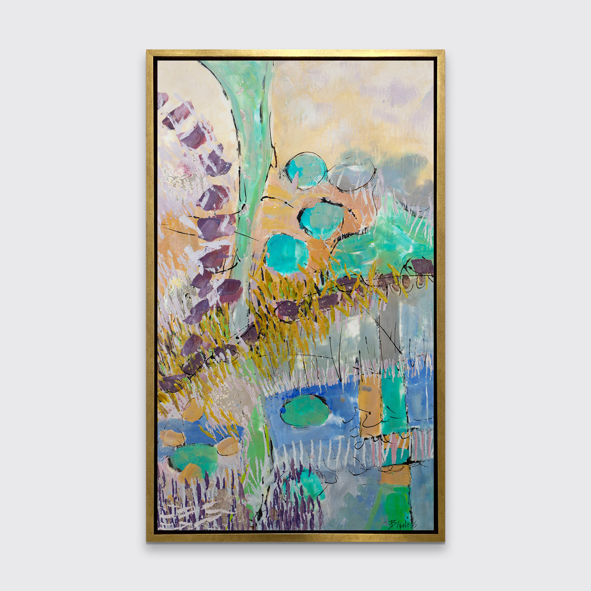 A teal, orange, purple and yellow abstract landscape print in a gold floater frame hangs on a white wall.