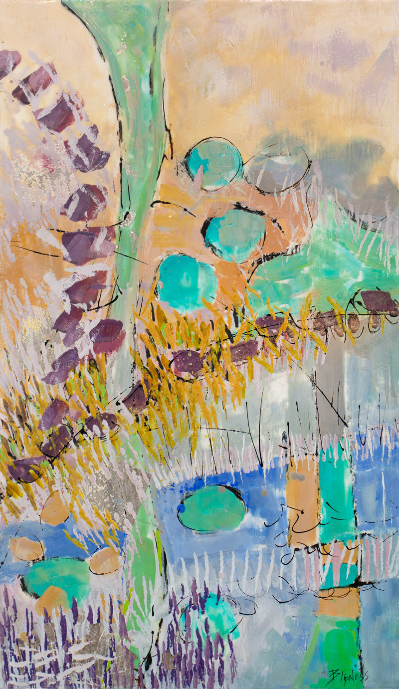 A colorful abstract painting by Linda Bigness. 