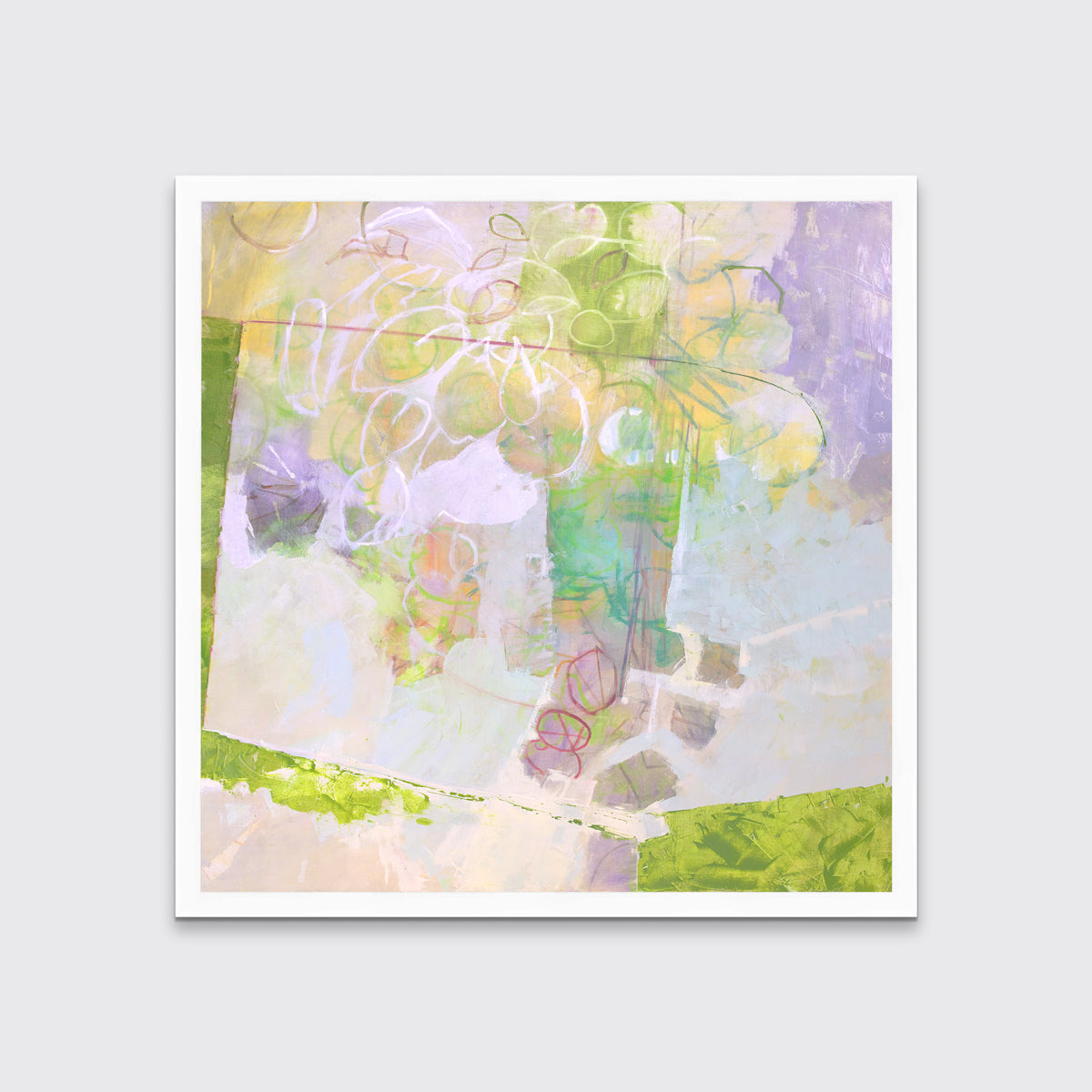 A light yellow, lavender and green abstract floral print in an unmatted white frame hangs on a white wall.