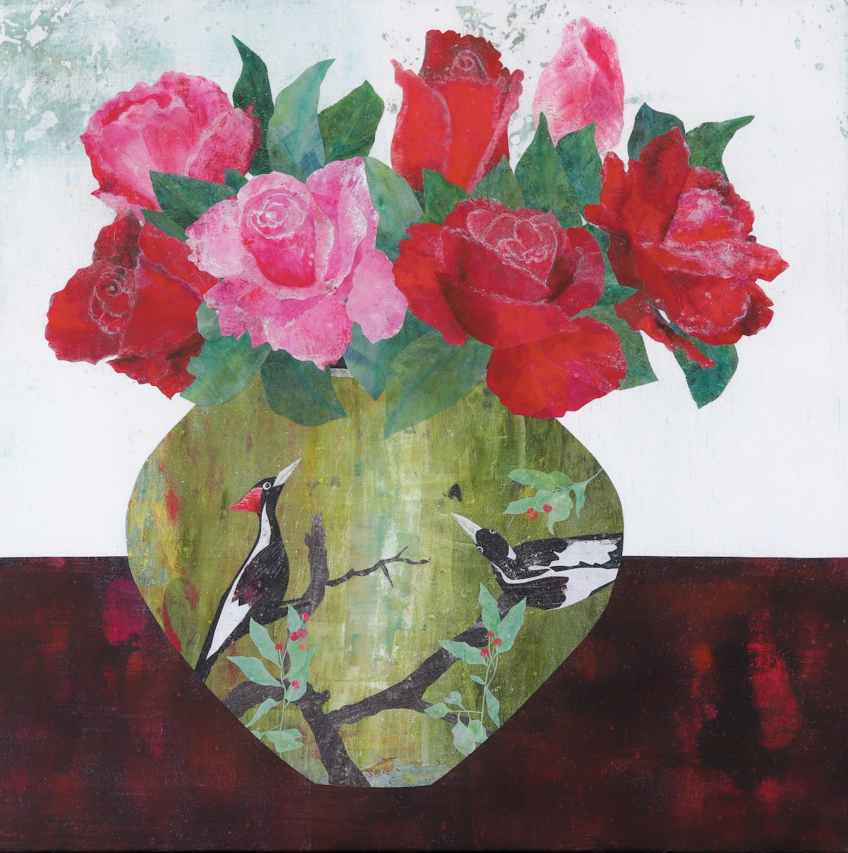A square collage painting of red and pink roses in a green vase with bird motifs, set against a white and dark red background.