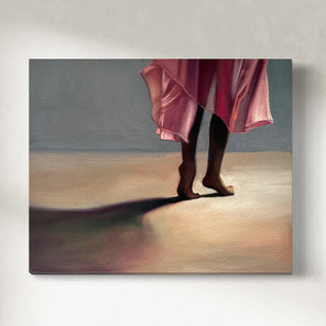 An original artwork featuring a woman in a pink dress on a sandy ground, viewed from the back.
