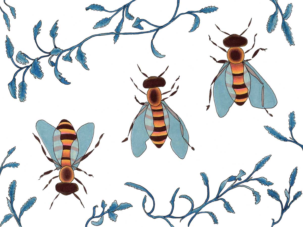 A print of three orange, brown and blue bees surrounded by blue ferns on a white background.