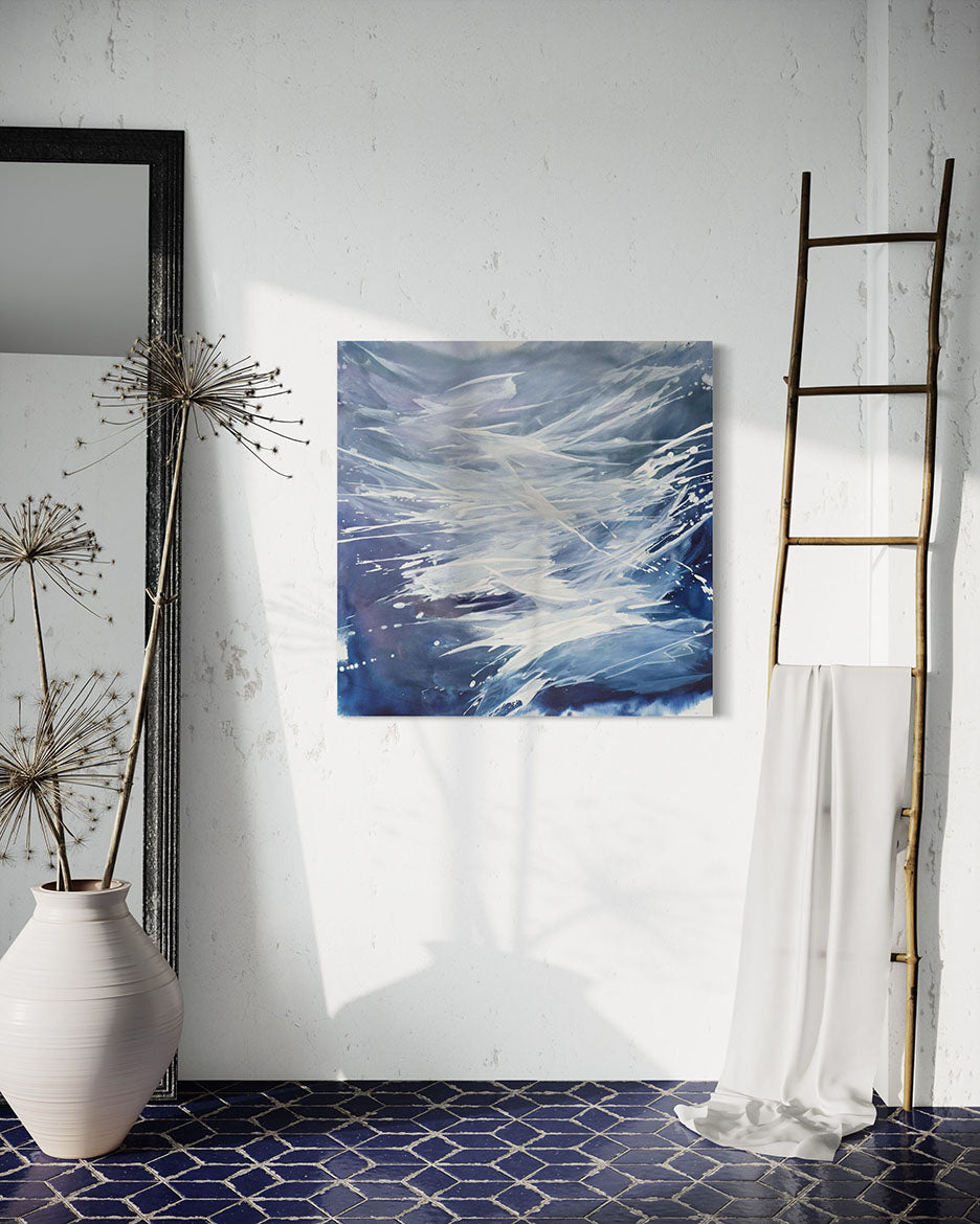 Abstract blue and white painting on a wall with decorative elements.