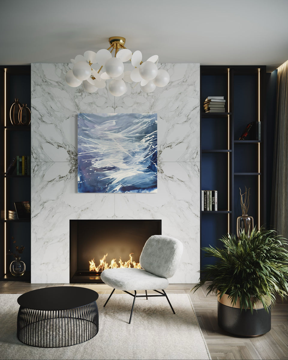 Modern living room with marble fireplace, with and original abstract painting by Teo Guererra, and decorative elements.