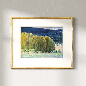 The painting, Study, Highland Greens by Ken Elliott matted in a gold frame hanging on a white wall.