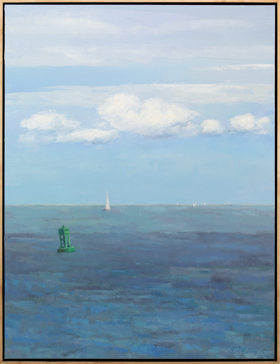 A blue, white and green coastal landscape painting by Molly Doe Wensberg in a light wood floater frame.