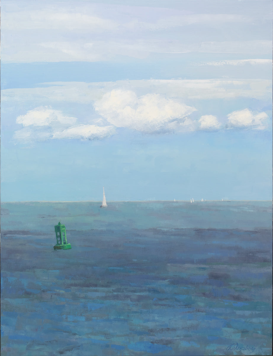 A blue, white and green coastal landscape painting by Molly Doe Wensberg.