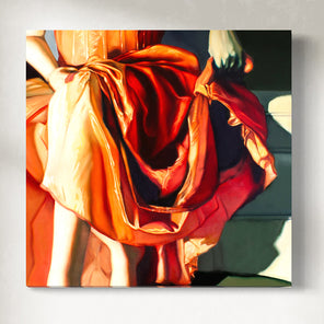 an original painting of a close-up of a woman with draped fabric in red and gold tones.