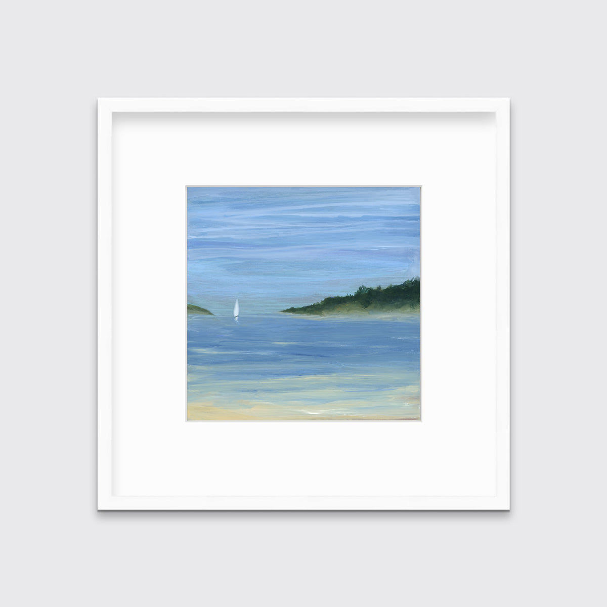 A blue, green and white abstract seascape print with a small sailboat in a white frame with a mat hangs on a white wall.