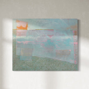 An abstract painting with blue, orange, green and pink tones hangs on a gallery wall.