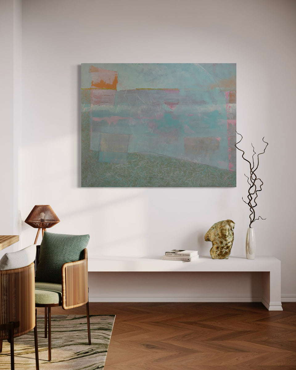 An abstract painting by Christine Averill-Green is hung above a bench with decorative objects.