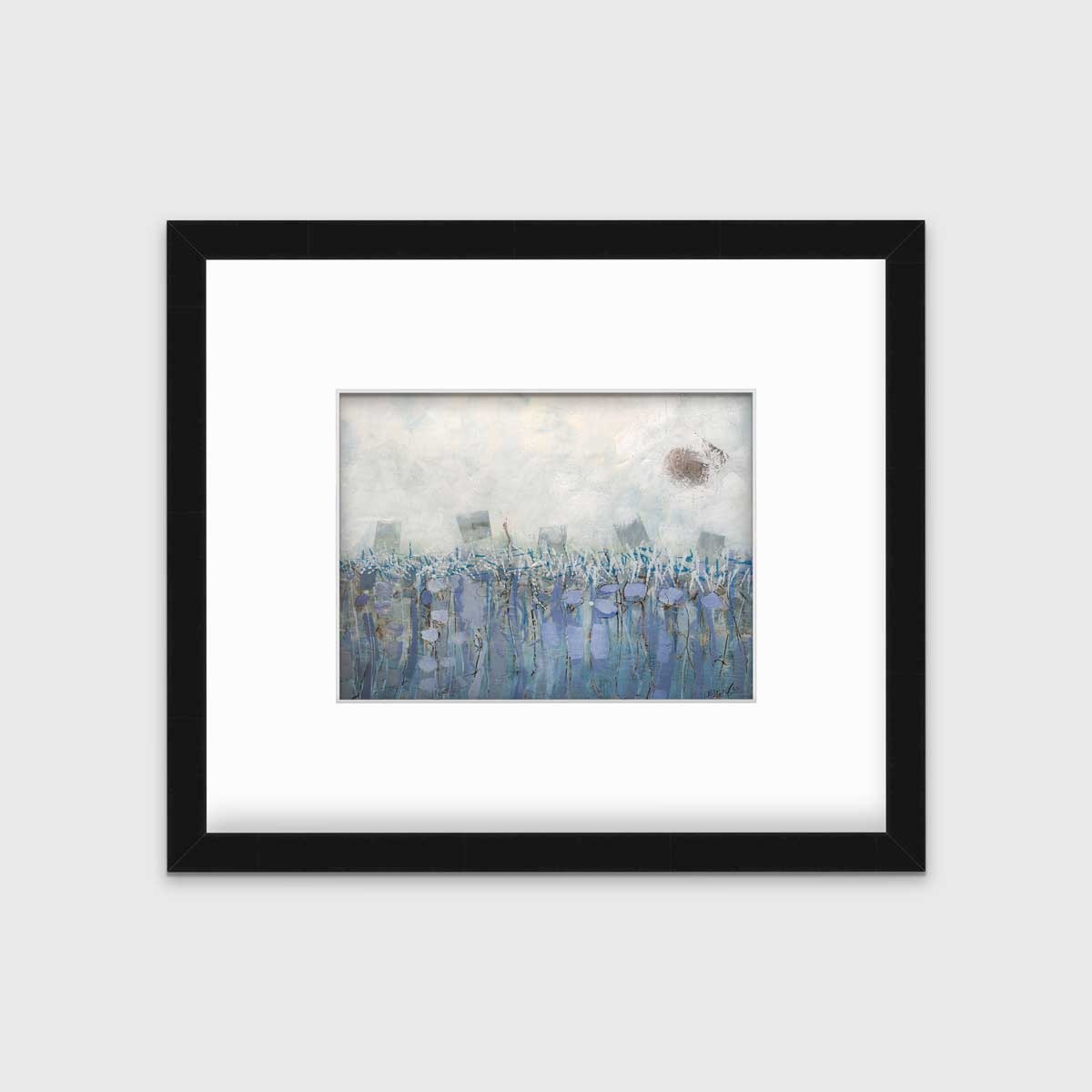 A beige, teal and lavender abstract print in a black frame with a mat hangs on a white wall.