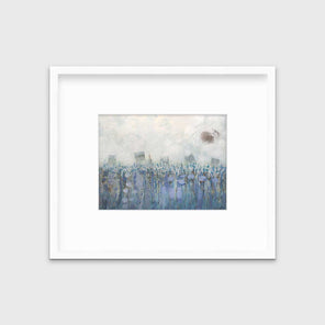 A beige, teal and lavender abstract print in a white frame with a mat hangs on a white wall.