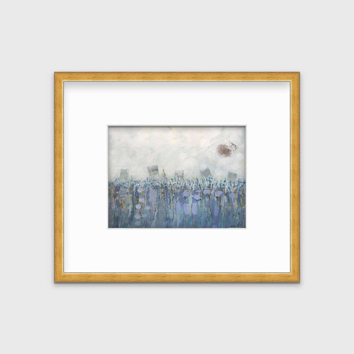 A beige, teal and lavender abstract print in a gold frame with a mat hangs on a white wall.