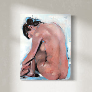 A textured nude figure painting by Kelly Rossetti hangs on a clean, white wall. 