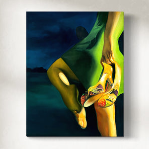 Abstract painting of a woman with green and yellow tones on a dark background