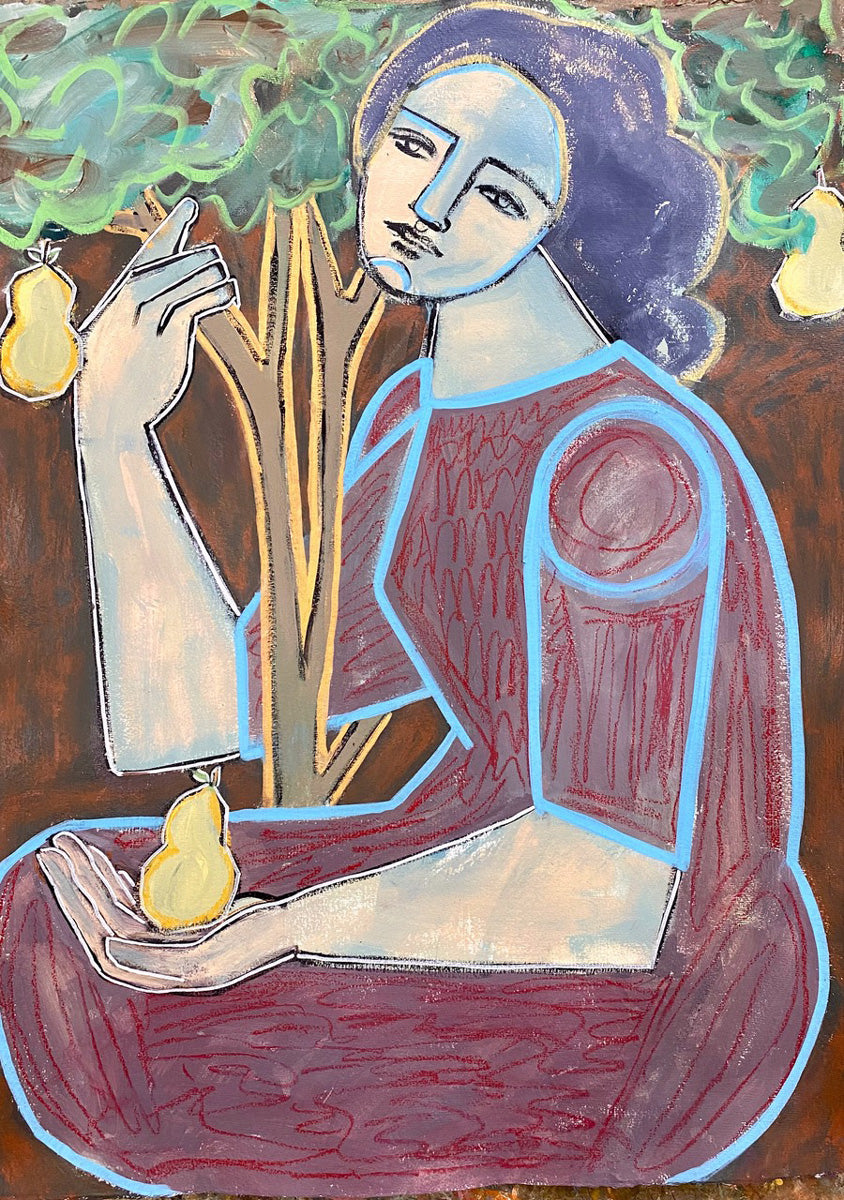 An abstracted painting of a woman embracing a tree and holding a pear in her left hand by Juniper Briggs. 