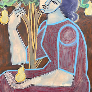 An abstracted painting of a woman embracing a tree and holding a pear in her left hand by Juniper Briggs. 
