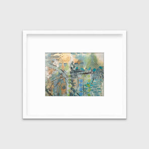 A blue, green, orange and black abstract print in a white frame with a mat hangs on a white wall.