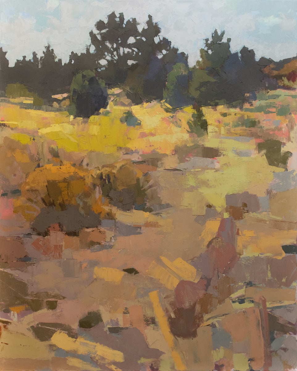 A orange and yellow abstract landscape painting by Bri Custer. 