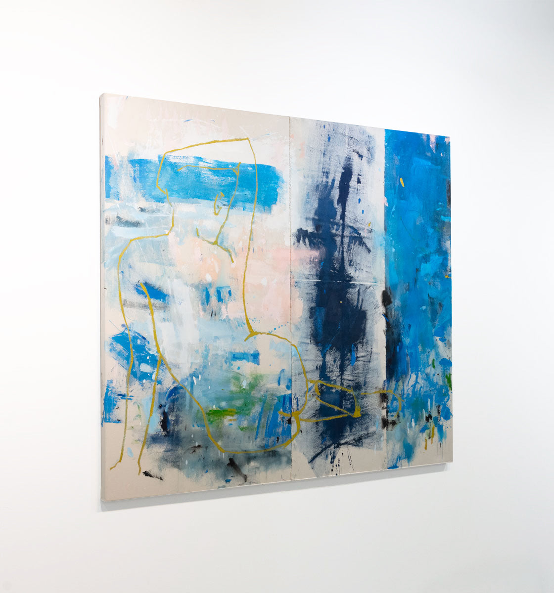 A blue and green abstract painting, featuring the silhouette of a woman reclining is seen at an angle on a gallery wall.