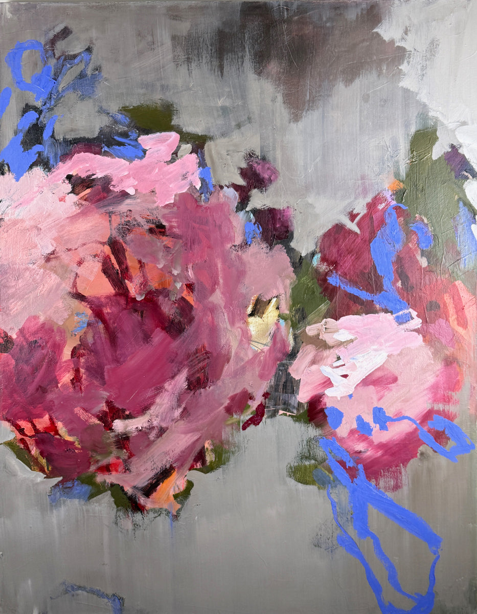Abstract painting with pink and blue floral elements on a gray background