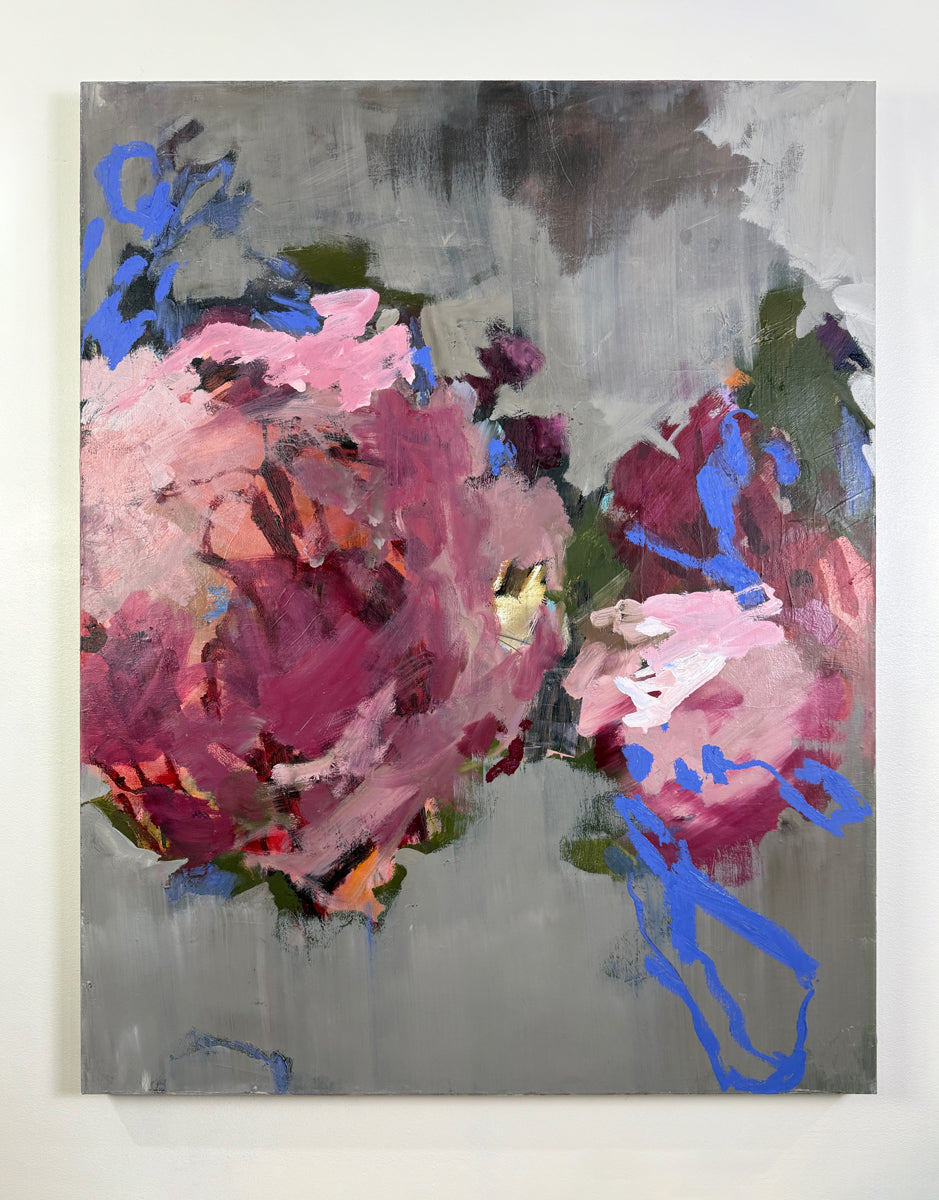Abstract painting of pink flowers with blue accents on a gray background