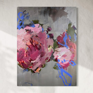 Abstract painting with pink and blue flowers on a gray background