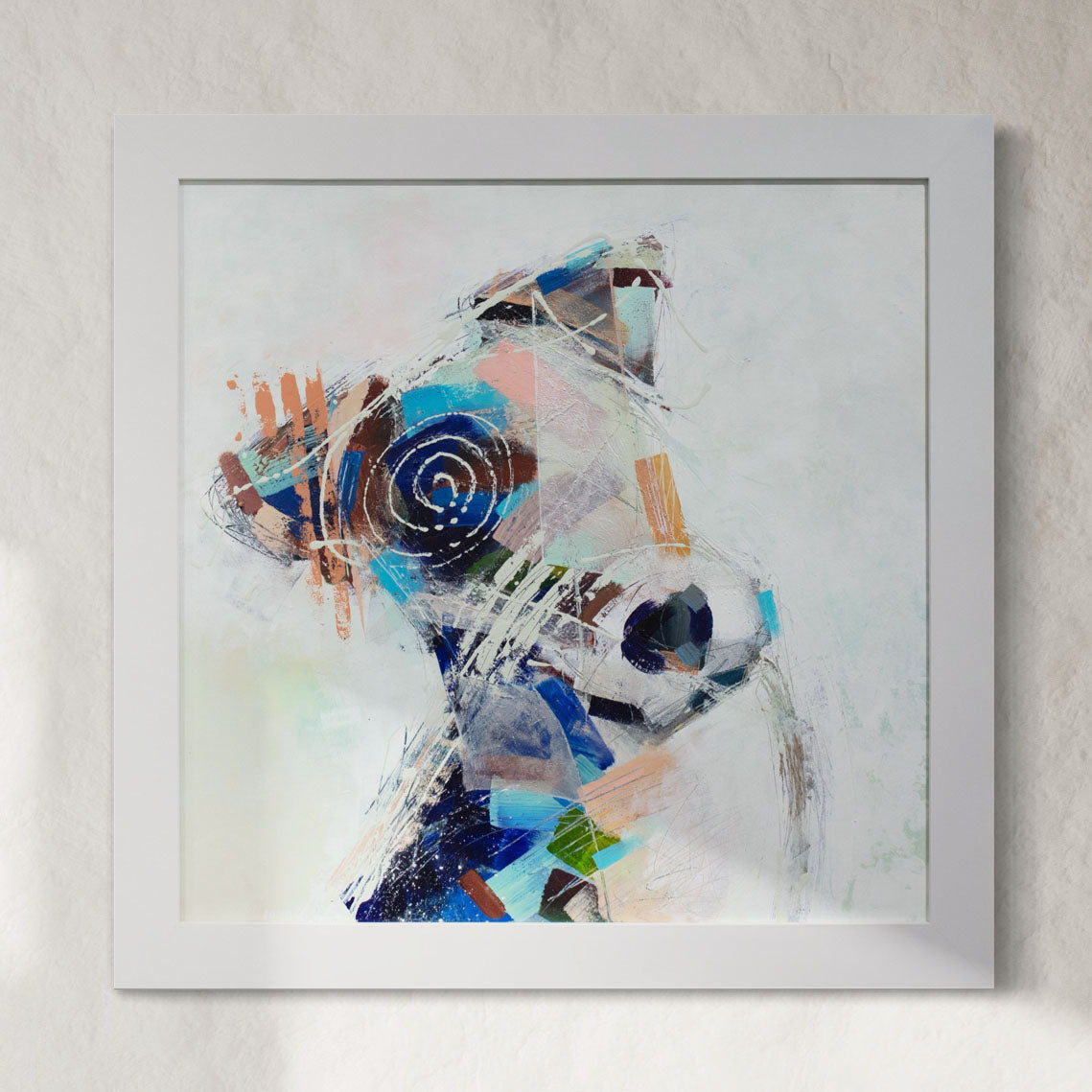 Original Framed abstract dog painting on a white wall