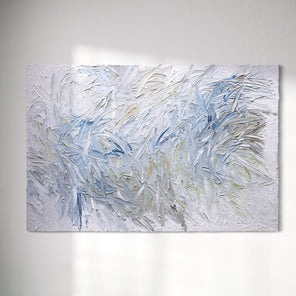 Abstract painting with blue and white brushstrokes on a gray background