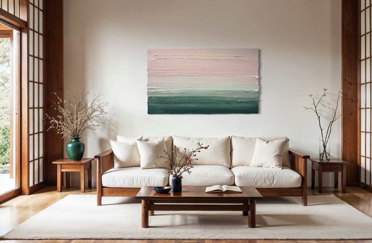 Living room with a white sofa, wooden coffee table,  featuring an original abstract  painting by Teodora Guererra on the wall.
