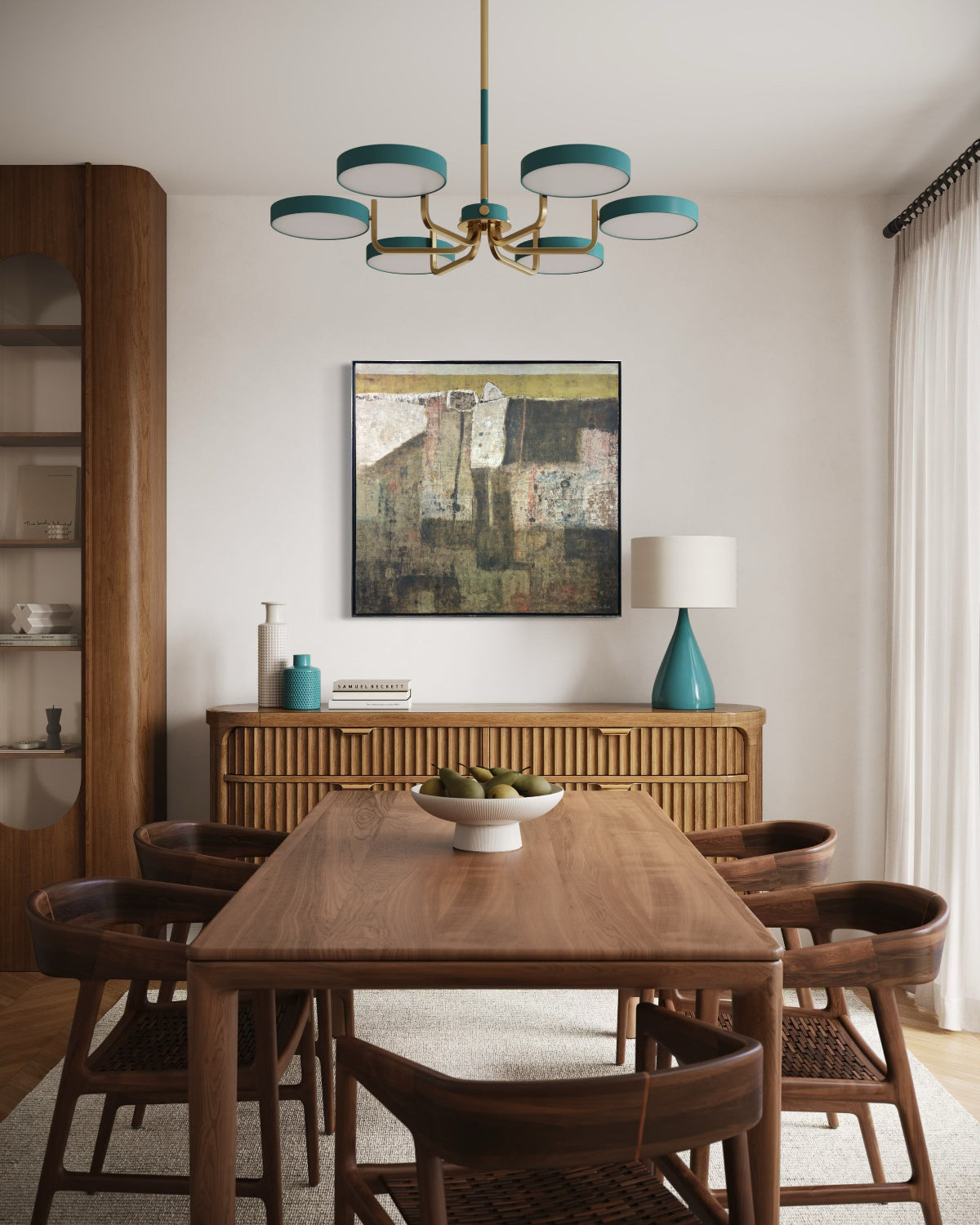Dining room with wooden table and chairs, modern chandelier, and abstract painting on the wall.