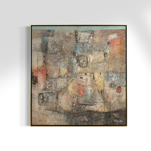 Abstract painting with textured surface on a light gray background