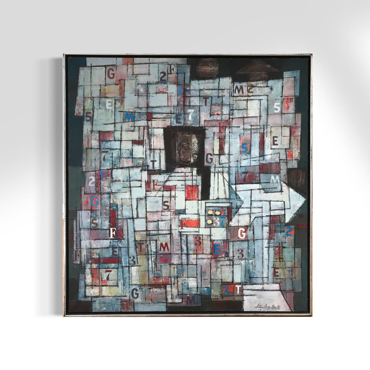 Abstract artwork with geometric shapes and letters on a light gray background