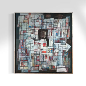 Abstract artwork with geometric shapes and letters on a light gray background