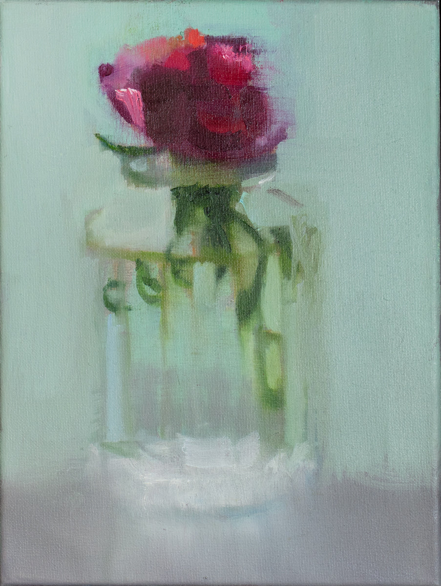 An abstracted painting of a red flower in a small glass vase. 