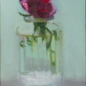An abstracted painting of a red flower in a small glass vase. 