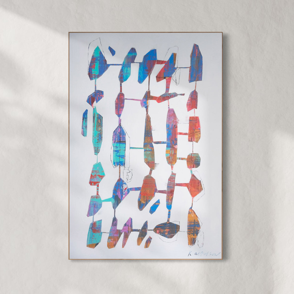 Abstract art print with colorful geometric shapes on a light gray background.