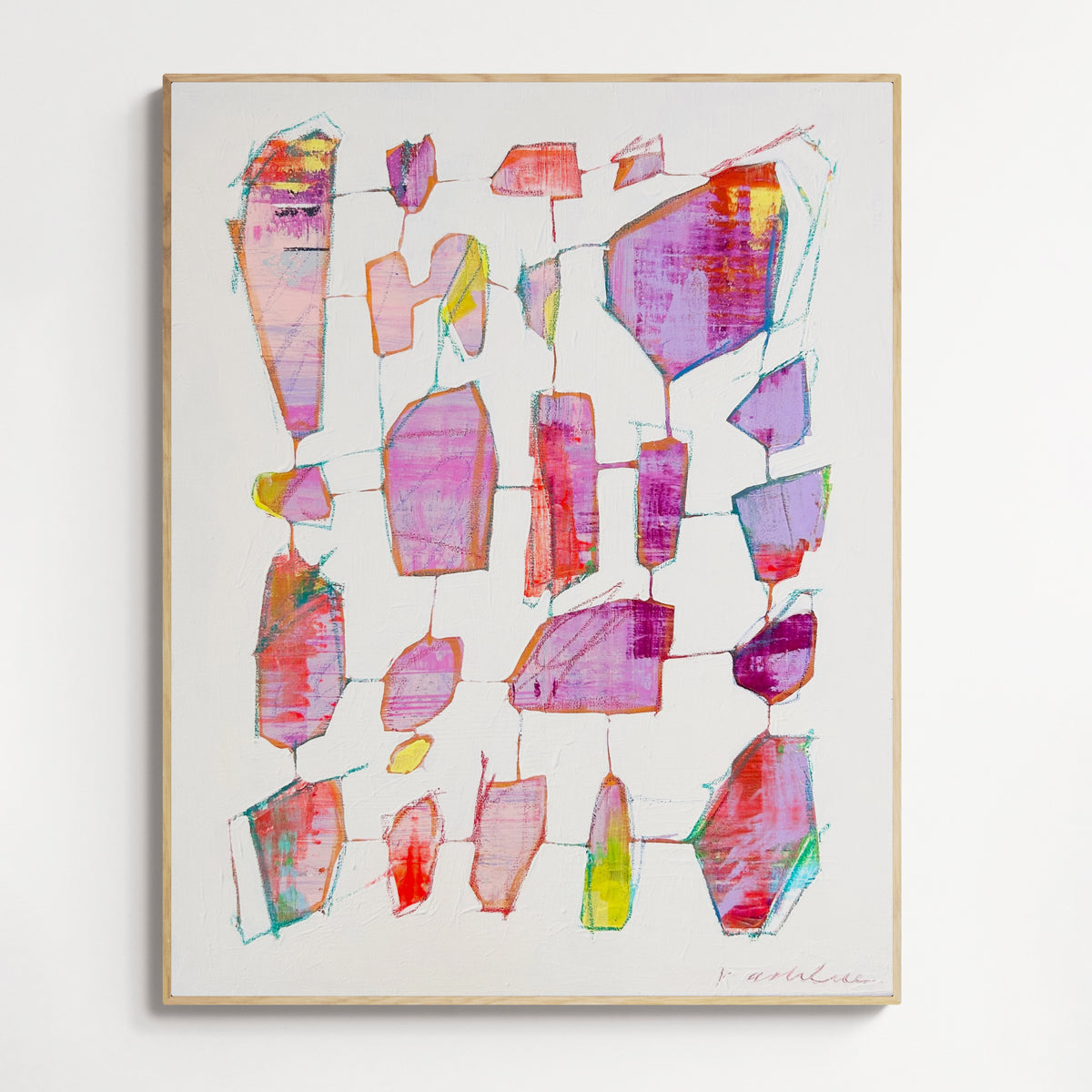 Abstract art piece with colorful geometric shapes on a white background.