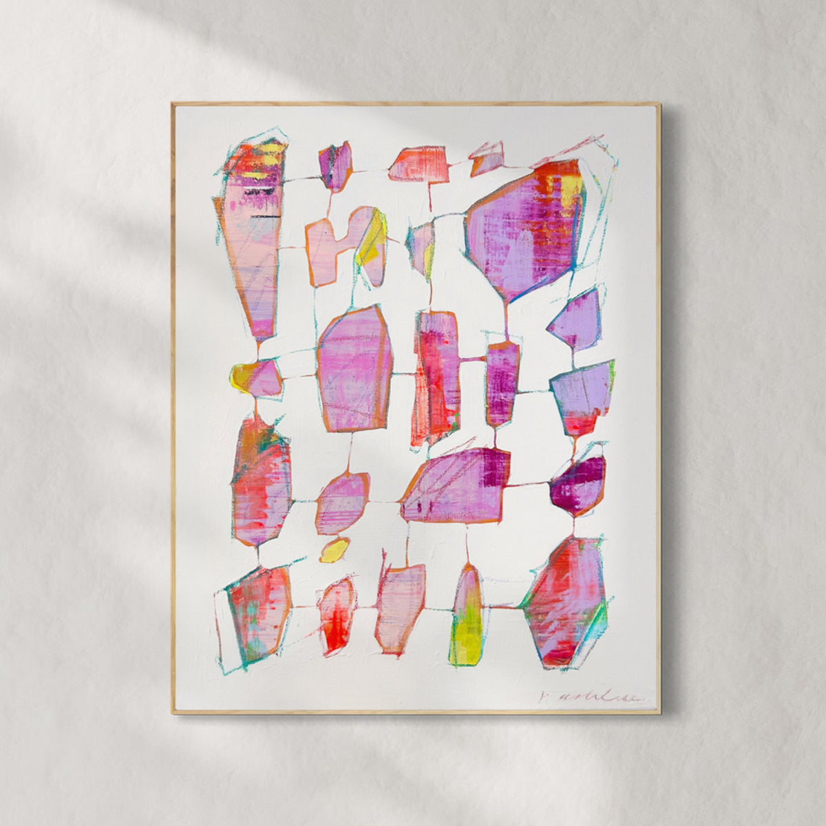 Abstract art print with colorful geometric shapes on a light background.