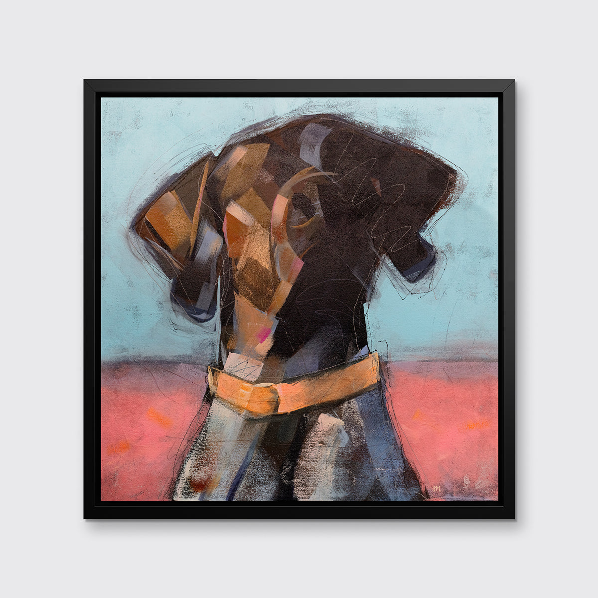 A brown, white, pink and blue abstract dog print in a black floater frame hangs on a white wall.