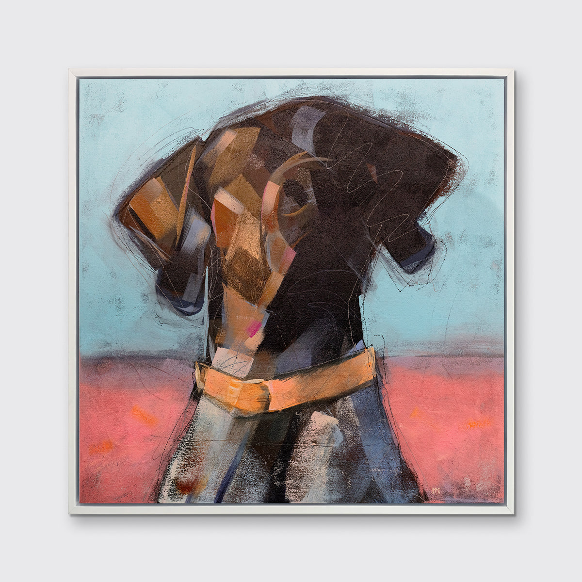 A brown, white, pink and blue abstract dog print in a white floater frame hangs on a white wall.