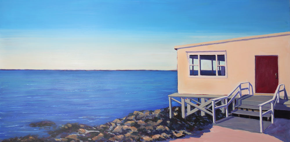 A peach house with a red door on stilts overlooks a light blue sky that transitions into a dark blue water. 