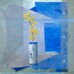 An abstracted blue painting with a vase with yellow flowers in the foreground by Christine Averill-Green. 