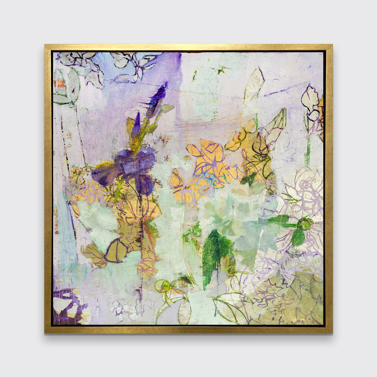 A purple, gold and green abstract print in a gold floater frame hangs on a white wall.