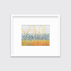 A yellow, purple, green and orange abstract print in a white frame with a mat hangs on a white wall.