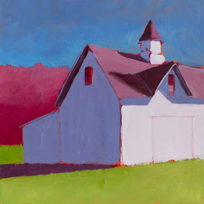 A pink, blue, and green contemporary landscape painting by Carol Young. 