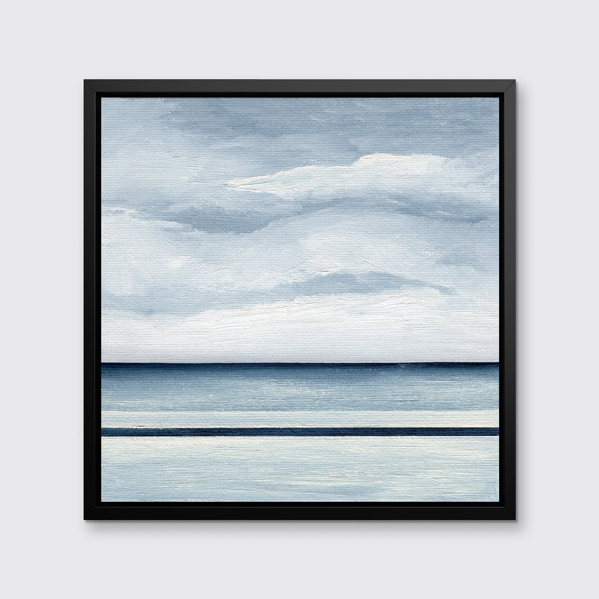 A blue and white abstract linear landscape in a black floater frame hangs on a white wall.