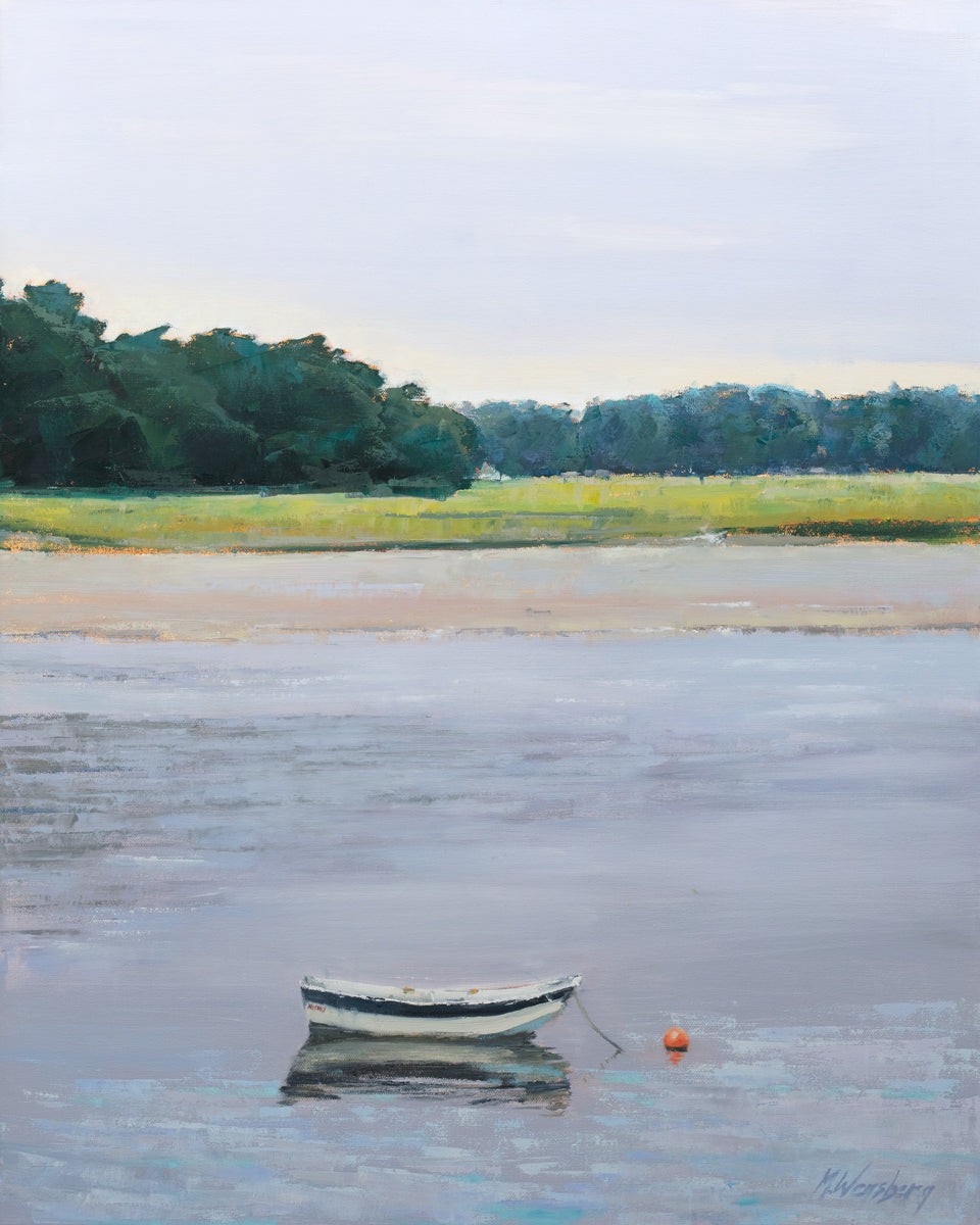 A limited edition landscape print of a small boat by Molly Doe Wensberg. 